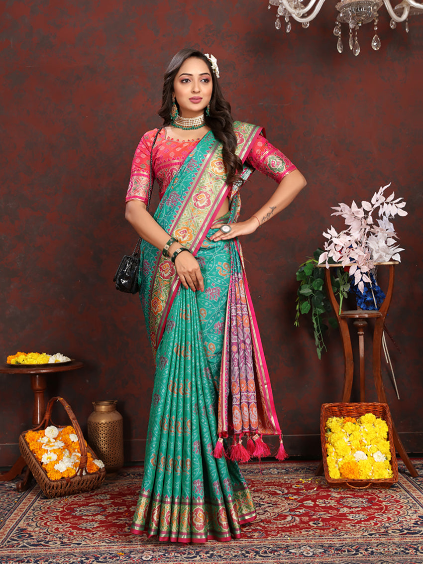 Lorenvalley Fashion Seagreen Patola Silk Woven Design with Zari Meenakari Weaving motifs Pallu Saree