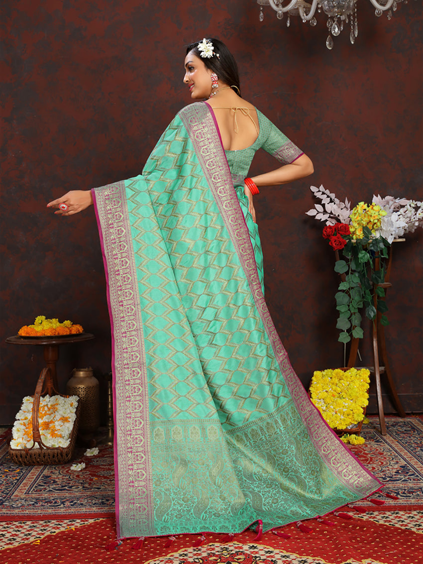 Lorenvalley Fashion Seagreen Soft Katan Silk Woven Design Rich Zari Weaving Pallu Saree