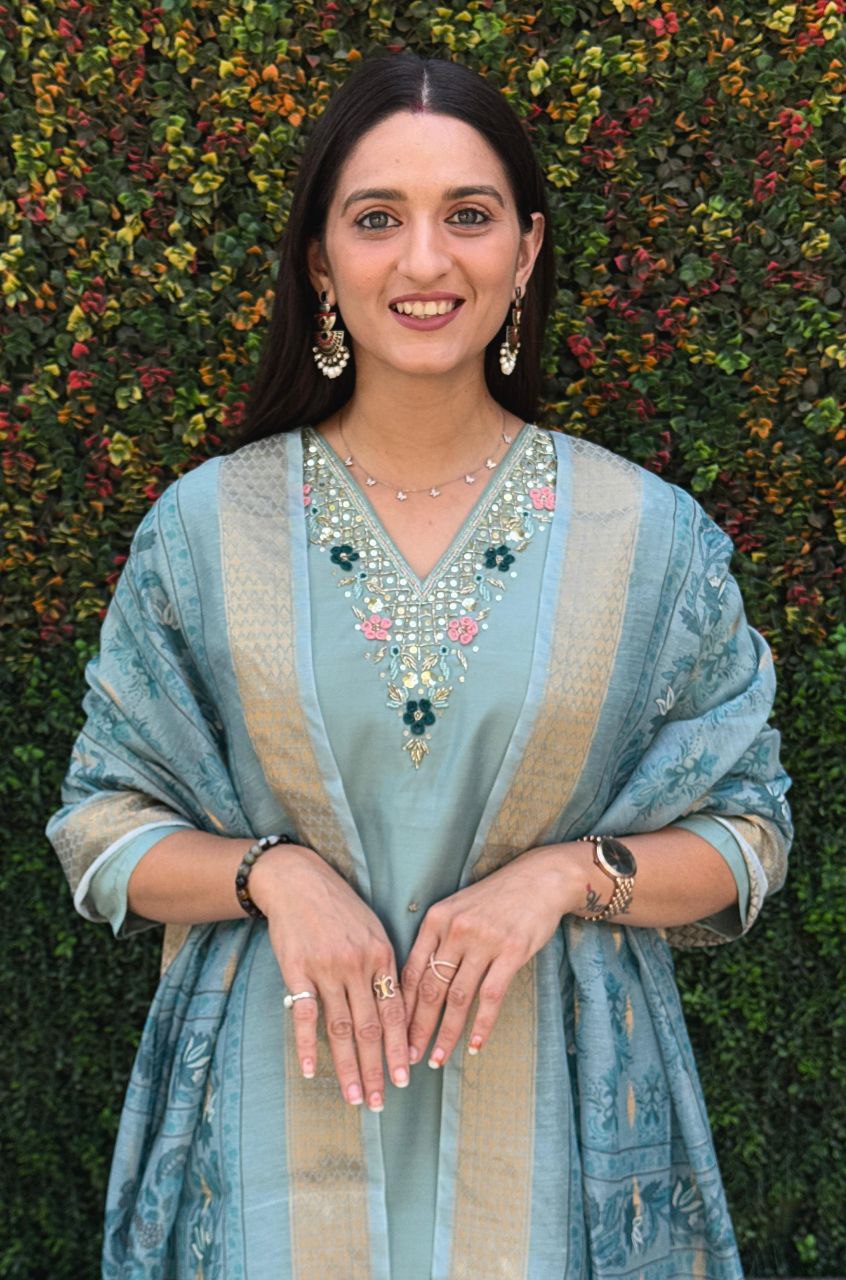 Lorenvalley Fashion Seagreen Roman Silk Hand Work Kurta Pant with Dupatta