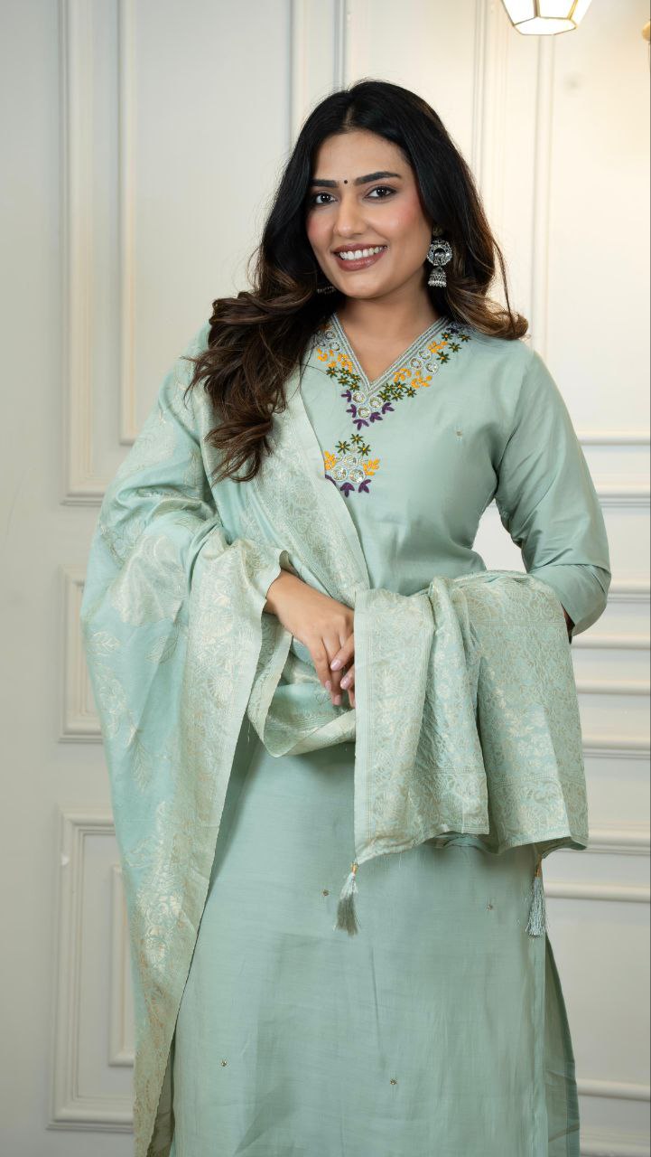 Lorenvalley Fashion Seagreen Roman Silk Hand Work Kurta Pant with Dupatta