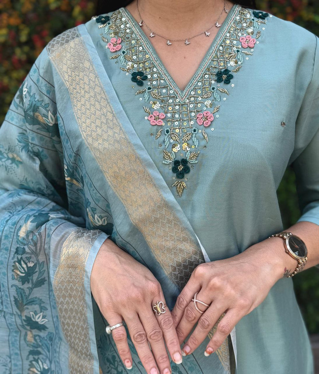 Lorenvalley Fashion Seagreen Roman Silk Hand Work Kurta Pant with Dupatta