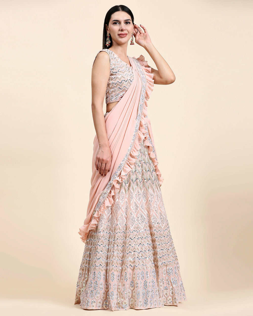 Peach Pure Viscose Georgette Thread With Sequins Embroidery Work Lehenga Choli With Dupatta - Tanya