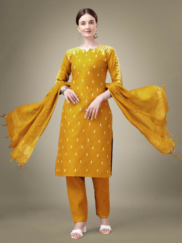 Jyoti Fashion Women's Yellow Cotton Blend Embroidery & Sequence work Kurta with Trouser & Dupatta