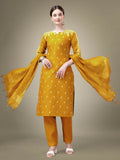 Jyoti Fashion Women's Yellow Cotton Blend Embroidery & Sequence work Kurta with Trouser & Dupatta