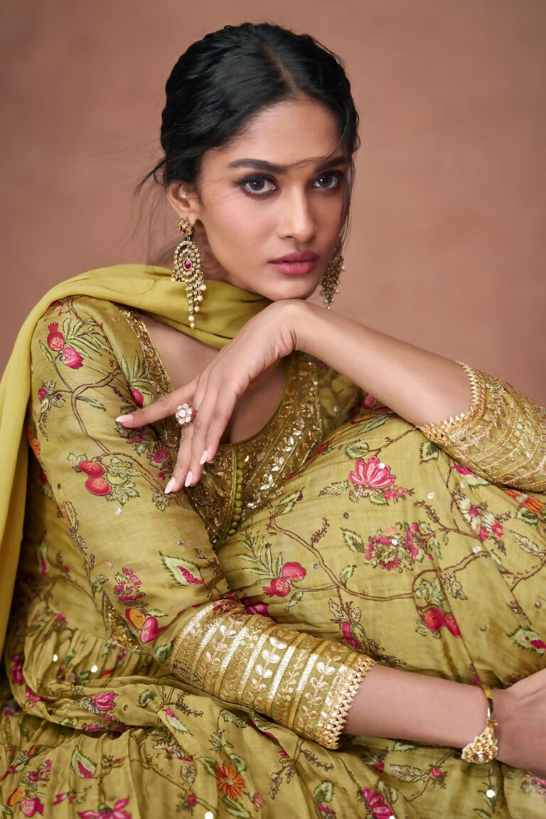 Vastranavya Green Floral Printed Anarkali Suit Set with Foil Mirror Work