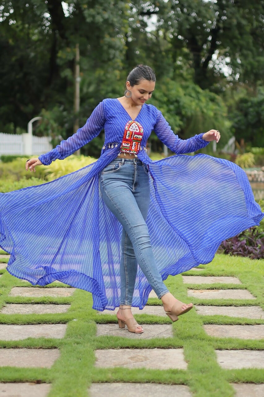 Vastranavya Blue Navratri Special Kutchi Patch Work with Leheriya Printed Kurti