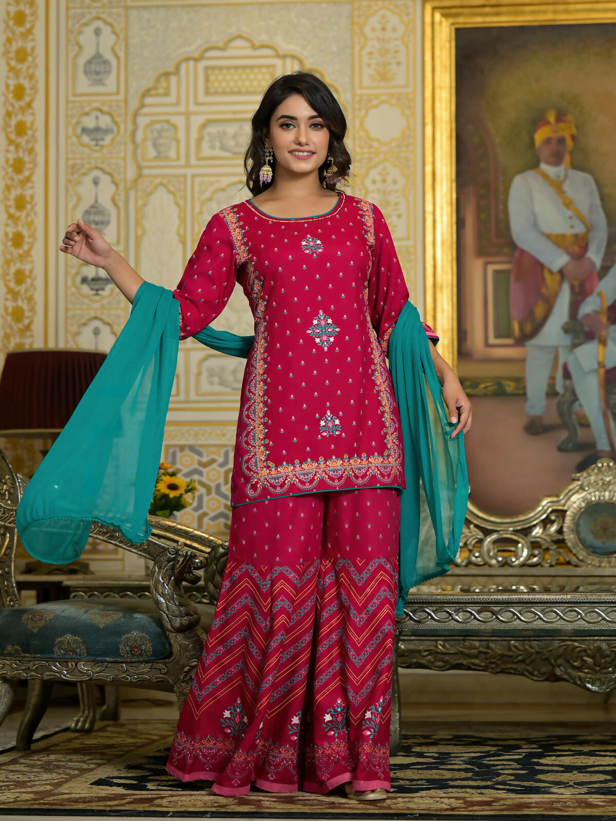 Juniper Women's Fuchsia Ethnic Motif Printed Liva Rayon Tunic Sharara and Dupatta Set With Sequins & Gota Patti Work