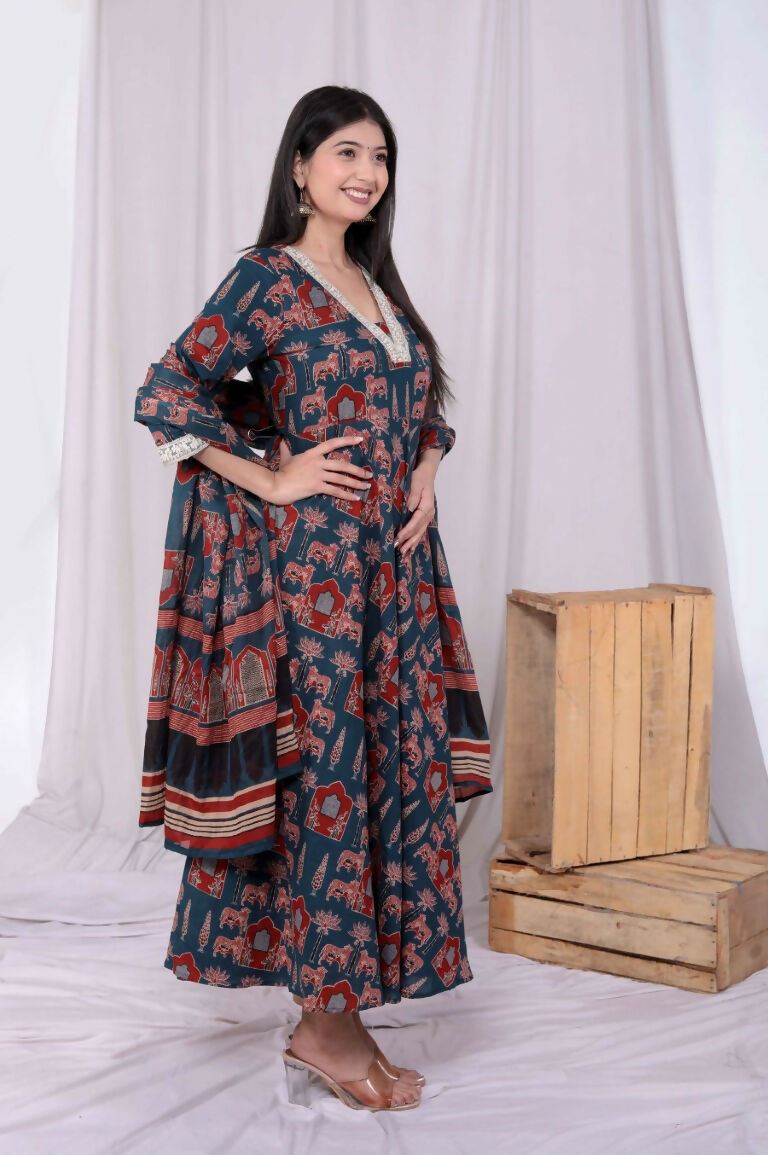 Miravan Women's Pure Cotton Blue Zari Lace Anarkali Kurta with Printed Dupatta Set