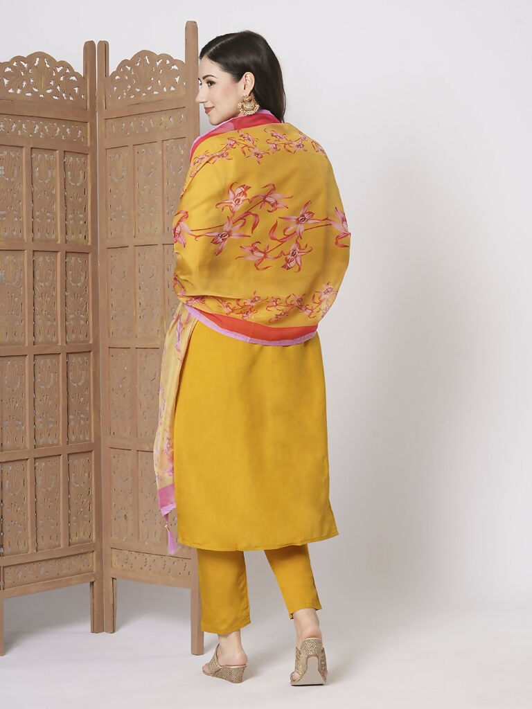 Mustard Viscose Chanderi Embroidery Work, Printed Kurta Set - Riya