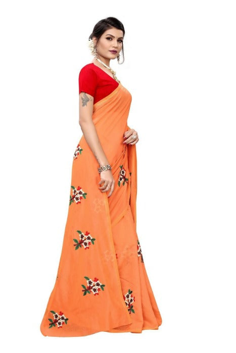 Vamika Chanderi Cotton Embroidery Orange Saree (Mogra Orange)