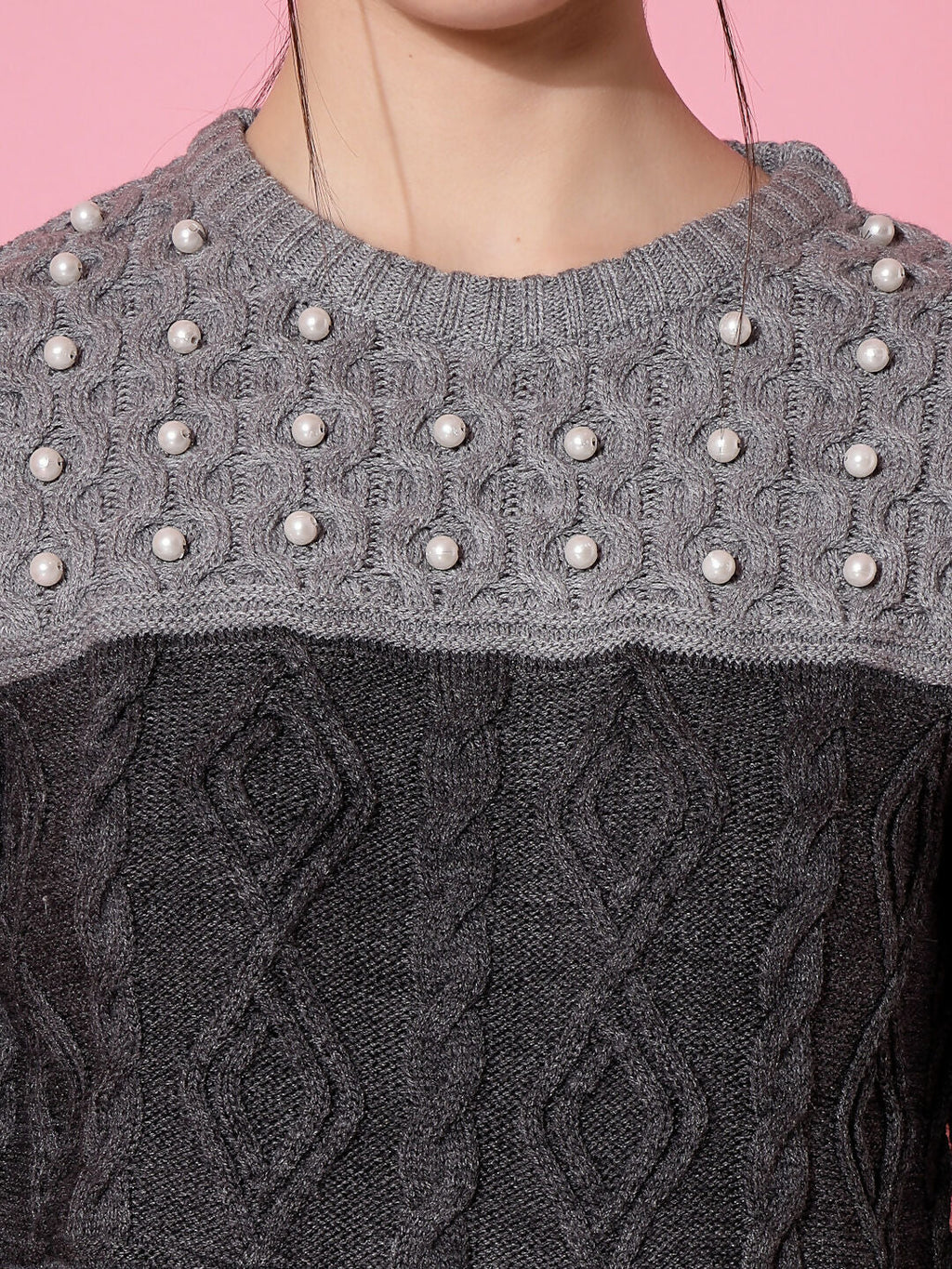 Women Color Block Winter Charcoal Acrylic Sweater - Wool Trees