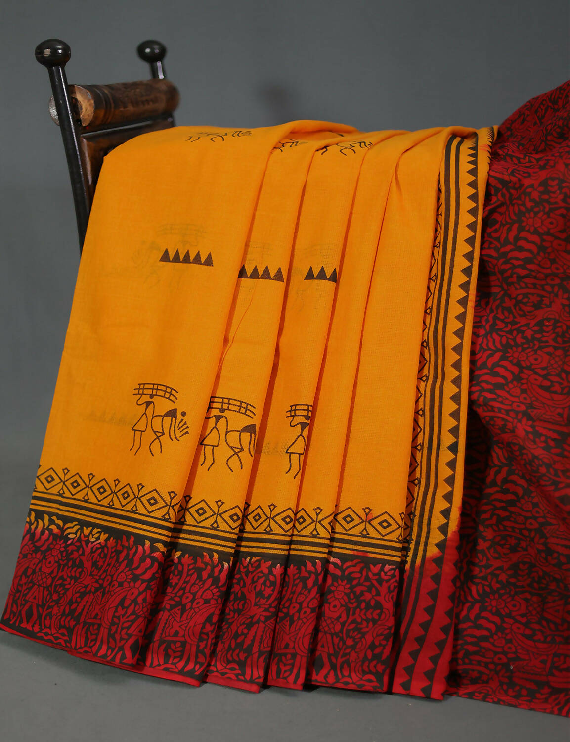 Shades Of Orange And Maroon Red Pure Munga Cotton Block Print Saree By Gayathri Reddy Designer Studio