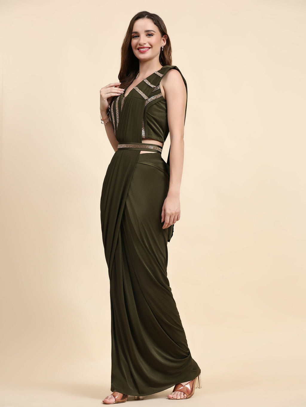 Green Polyester Solid Ready to Wear Saree with stitched Blouse - Nita