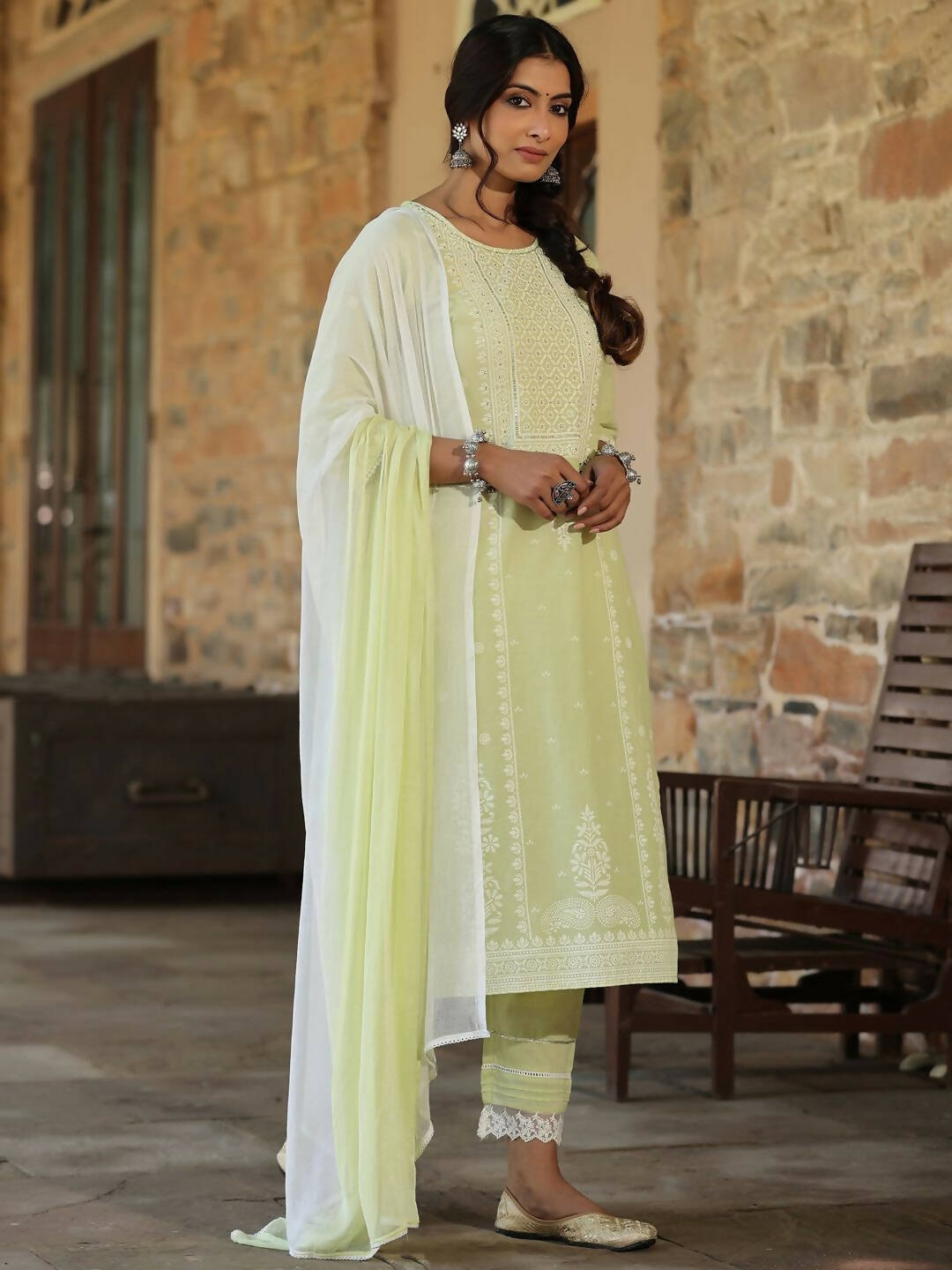 Juniper Women's Lime Green Cambric Floral Print Kurta Straight Pant And Duptta Sets