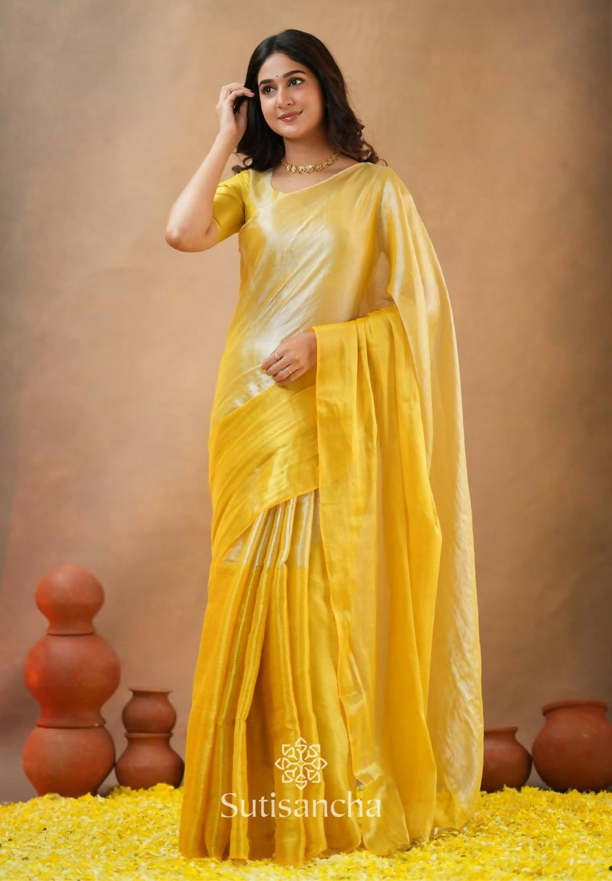 Exclusive Collection Beautiful Yellow Tissue Silk Hand Weaving Handloom Saree With Running Blouse Piece