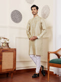 Beige Viscose Woven Jacquard Work Men's Rajwadi Kurta Set - Mahotsav