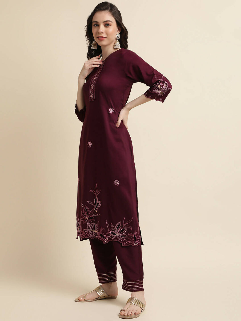 Purple Chinon Silk Embroidered Straight Kurta with Trouser & Dupatta - Salimar