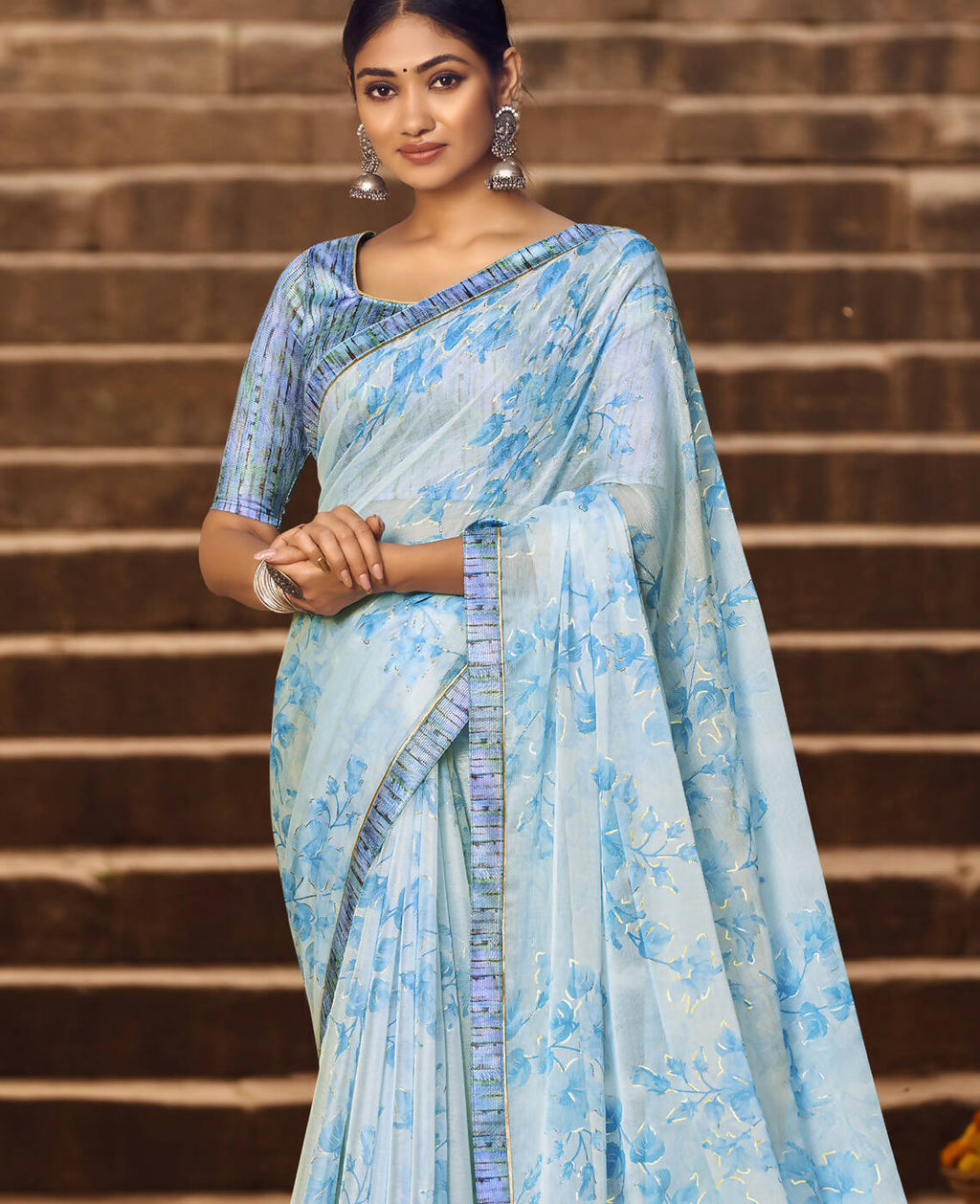 Sky Blue Silver Chiffon Printed Saree With Unstitched Blouse Piece - Jyoti