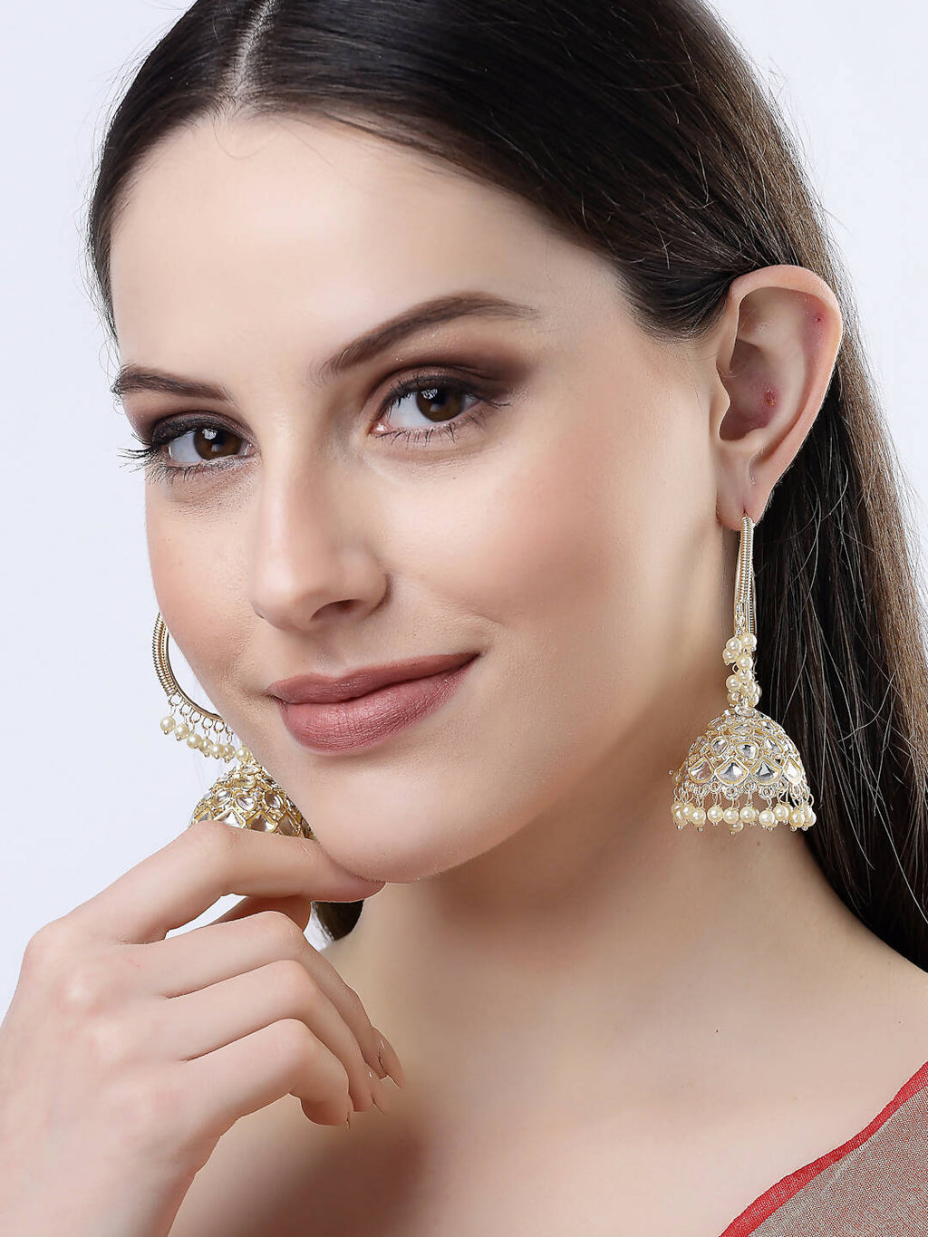 NVR Women Gold-Polished Handcrafted Kundan Jhumka Earrings