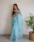 Vamsee Sky Blue Organza Saree