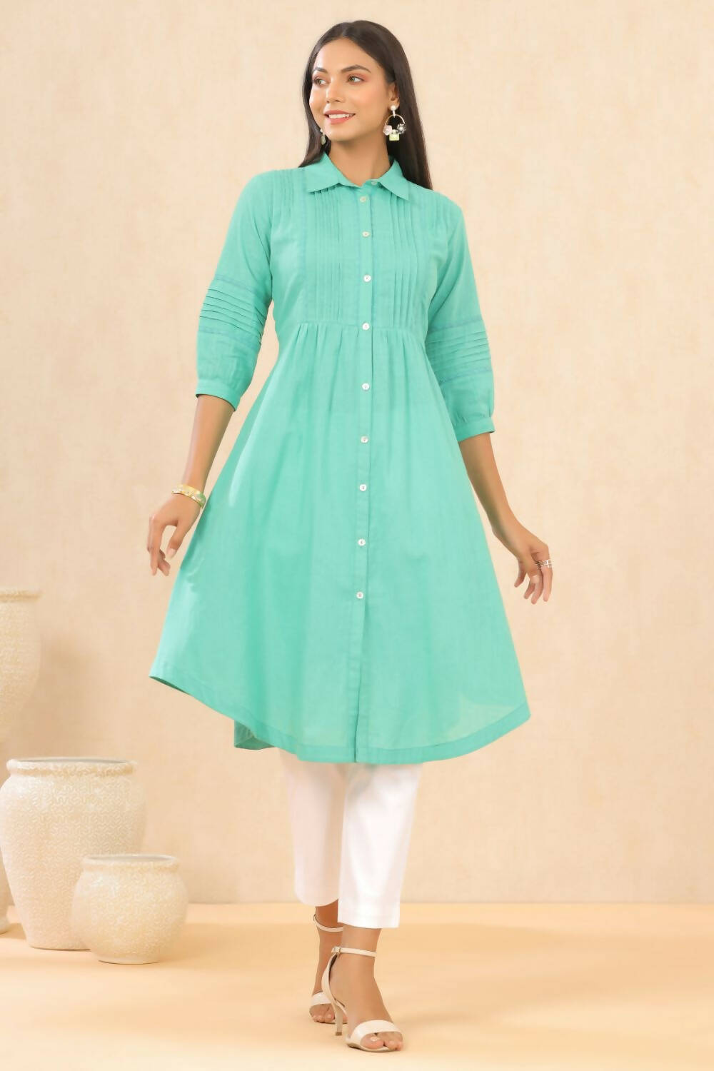 Juniper Womens Blush Turquoise Cotton Slub Solid Mid Length Shirt Dress With Lace Detailing