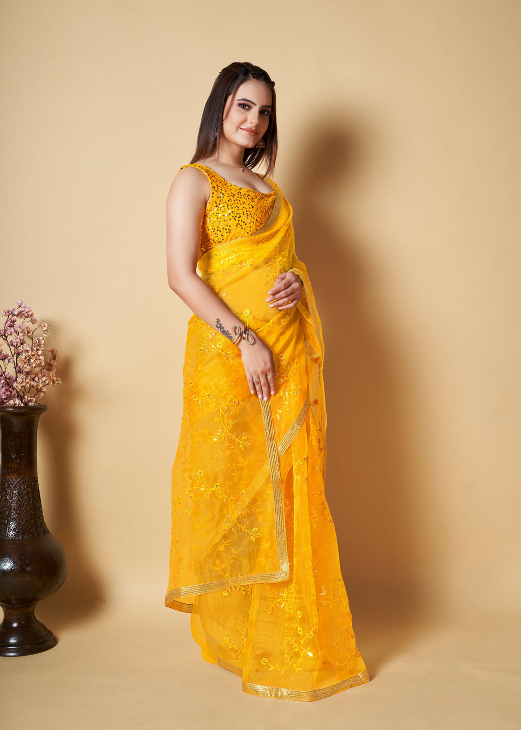 Vamsee Anya Yellow Organza Saree