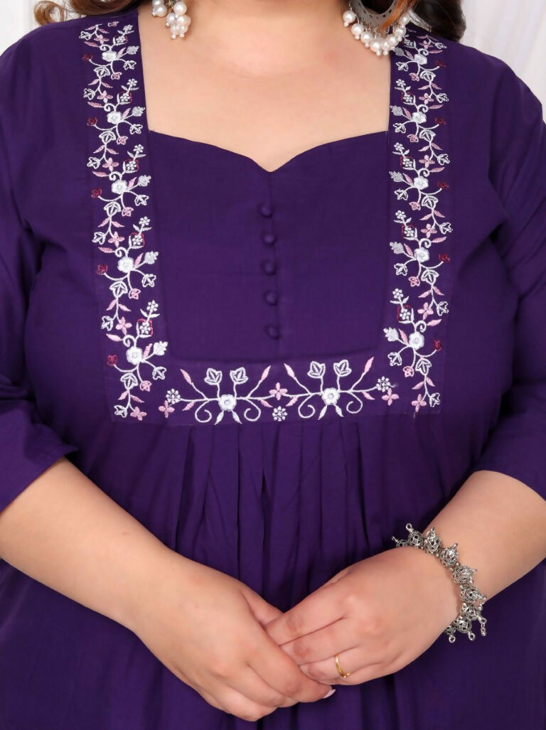 Miravan Women's Plus Size Cotton Purple A-Line Kurta With Embroidered Neck And Palazzo With Embroidered Dupatta Set
