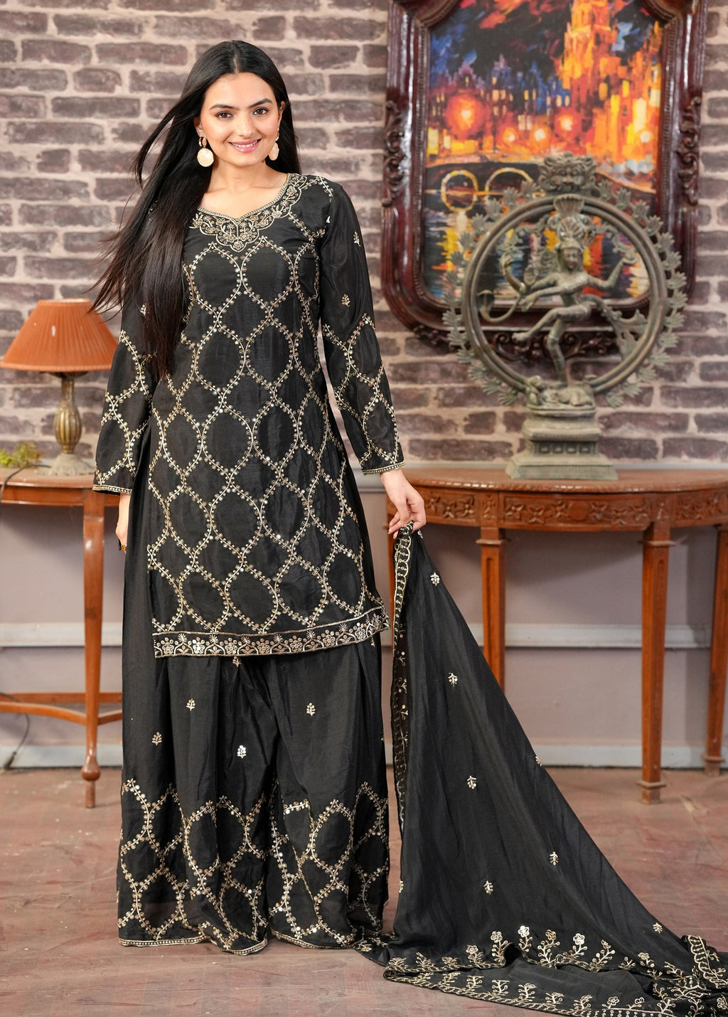 Lehenga Mart Designer Chinon Sharara Suit With Sequence Embroidered Work - Black