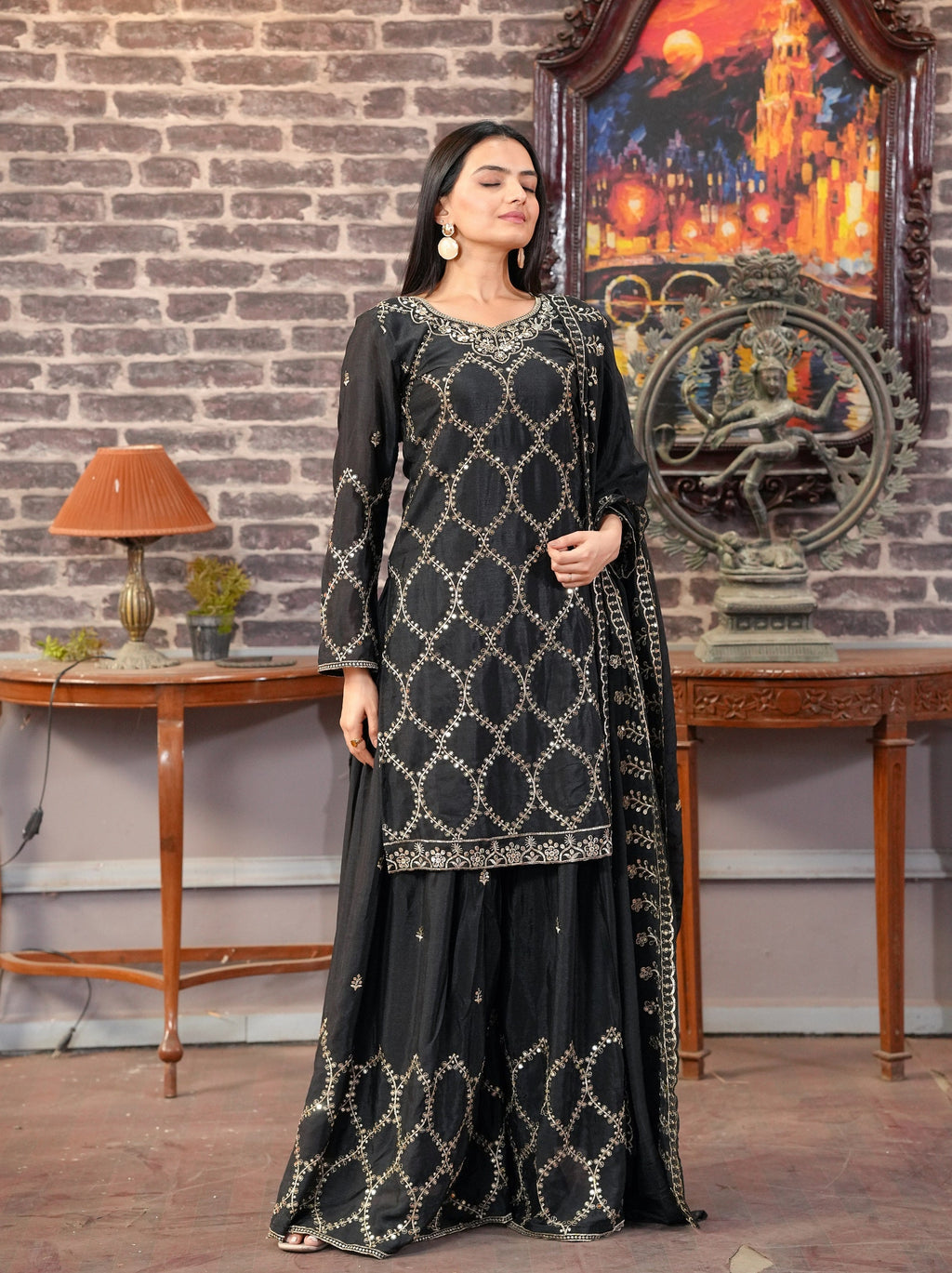 Lehenga Mart Designer Chinon Sharara Suit With Sequence Embroidered Work - Black