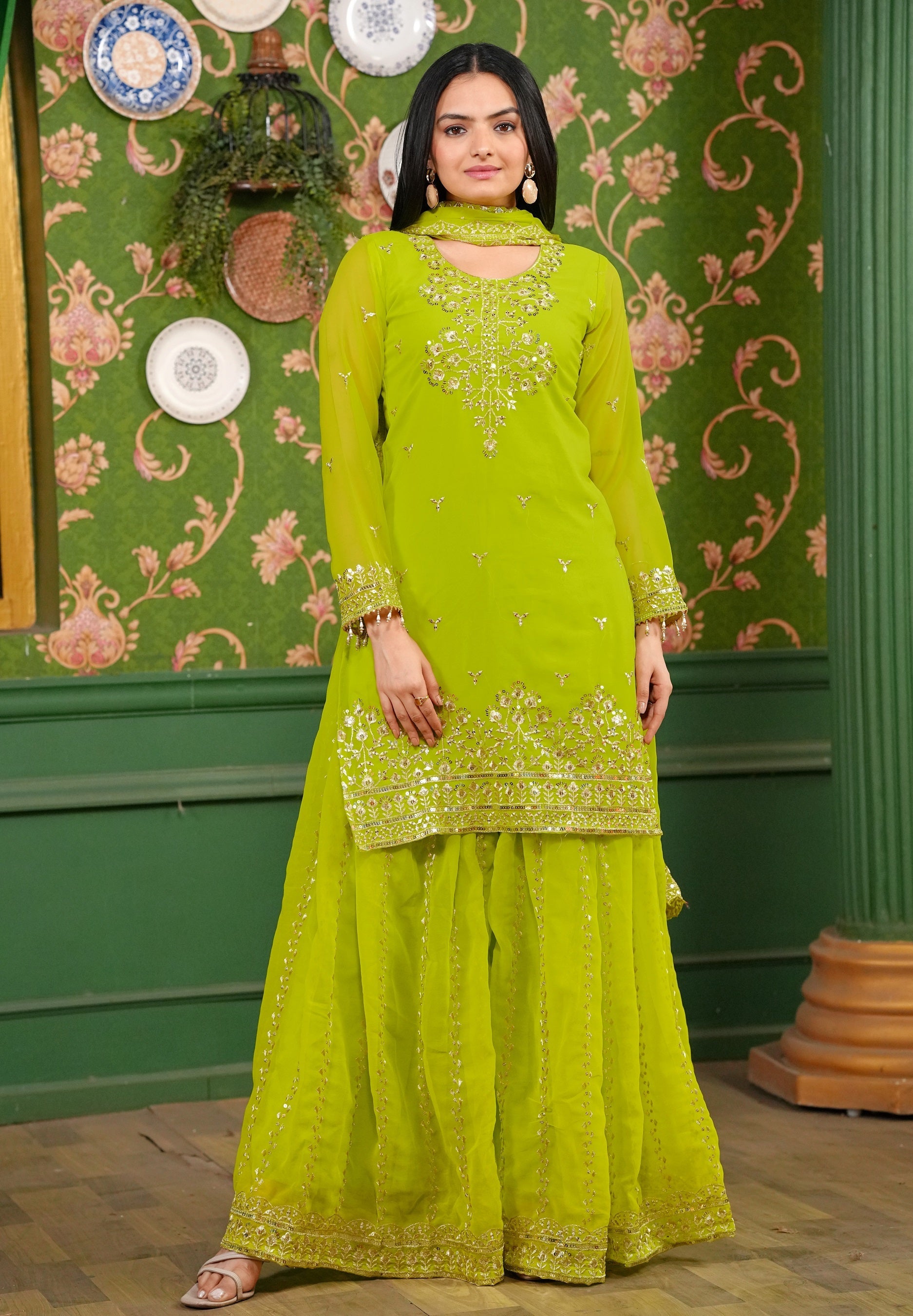 Lehenga Mart Designer Georgette Sharara Suit With Sequence Embroidered Work - Parrot Green
