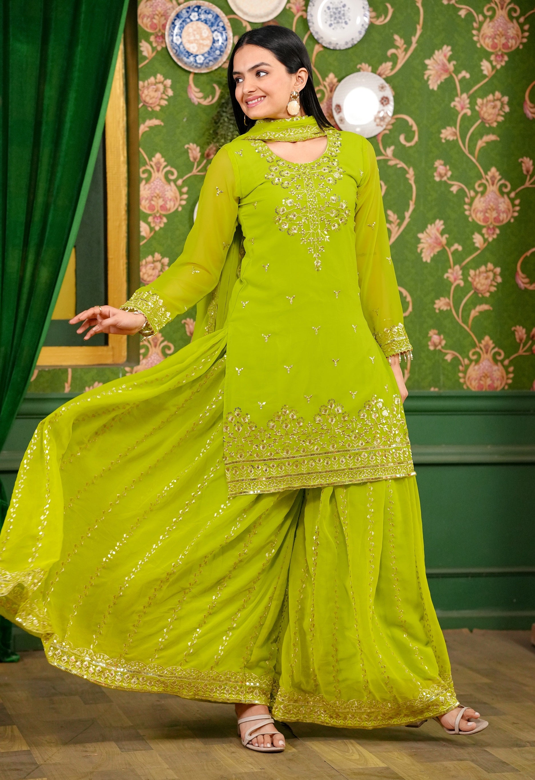 Lehenga Mart Designer Georgette Sharara Suit With Sequence Embroidered Work - Parrot Green