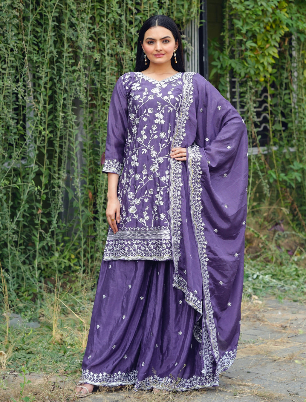 Lehenga Mart Designer Chinon Sharara Suit With Sequence Embroidered Work - Blue