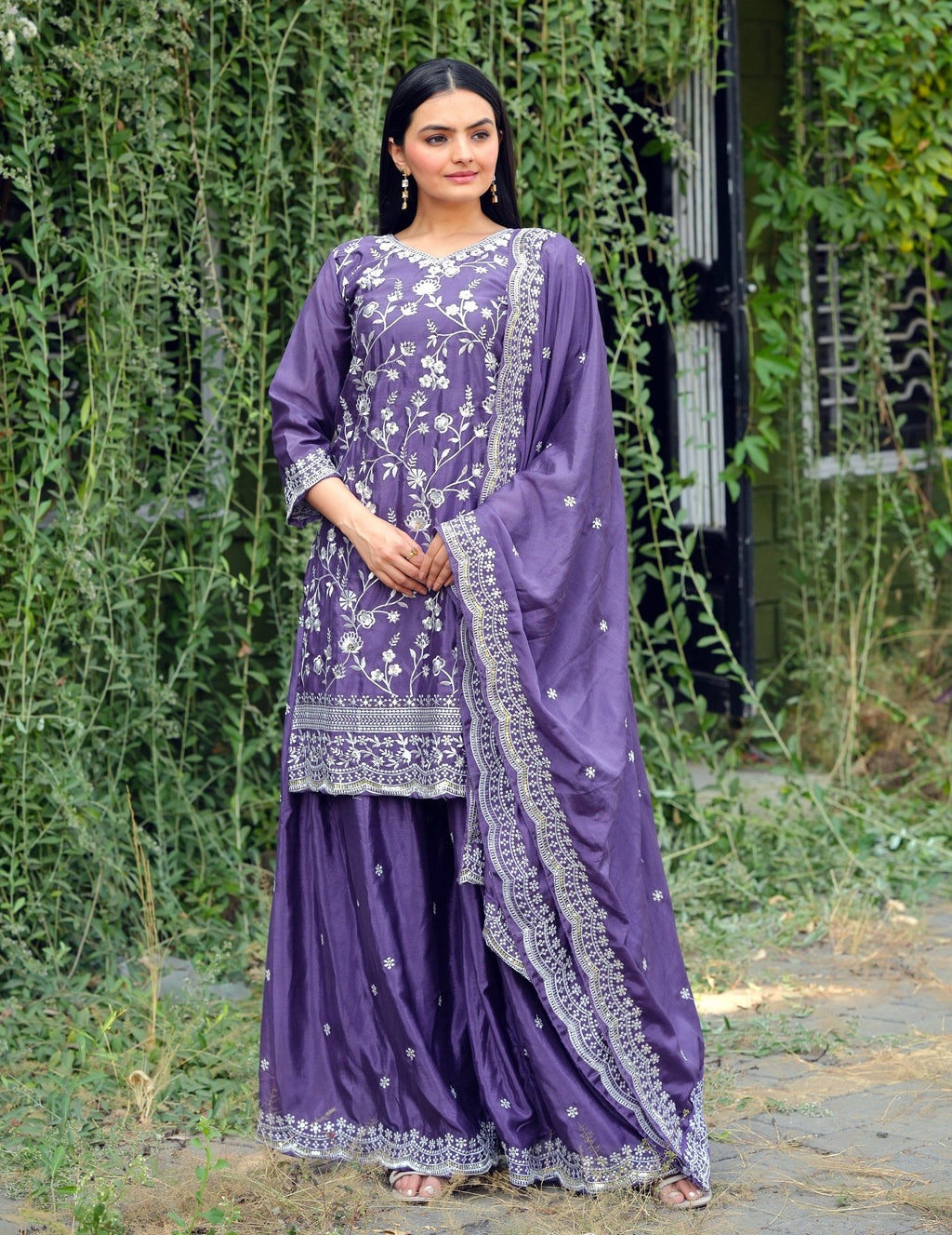 Lehenga Mart Designer Chinon Sharara Suit With Sequence Embroidered Work - Blue