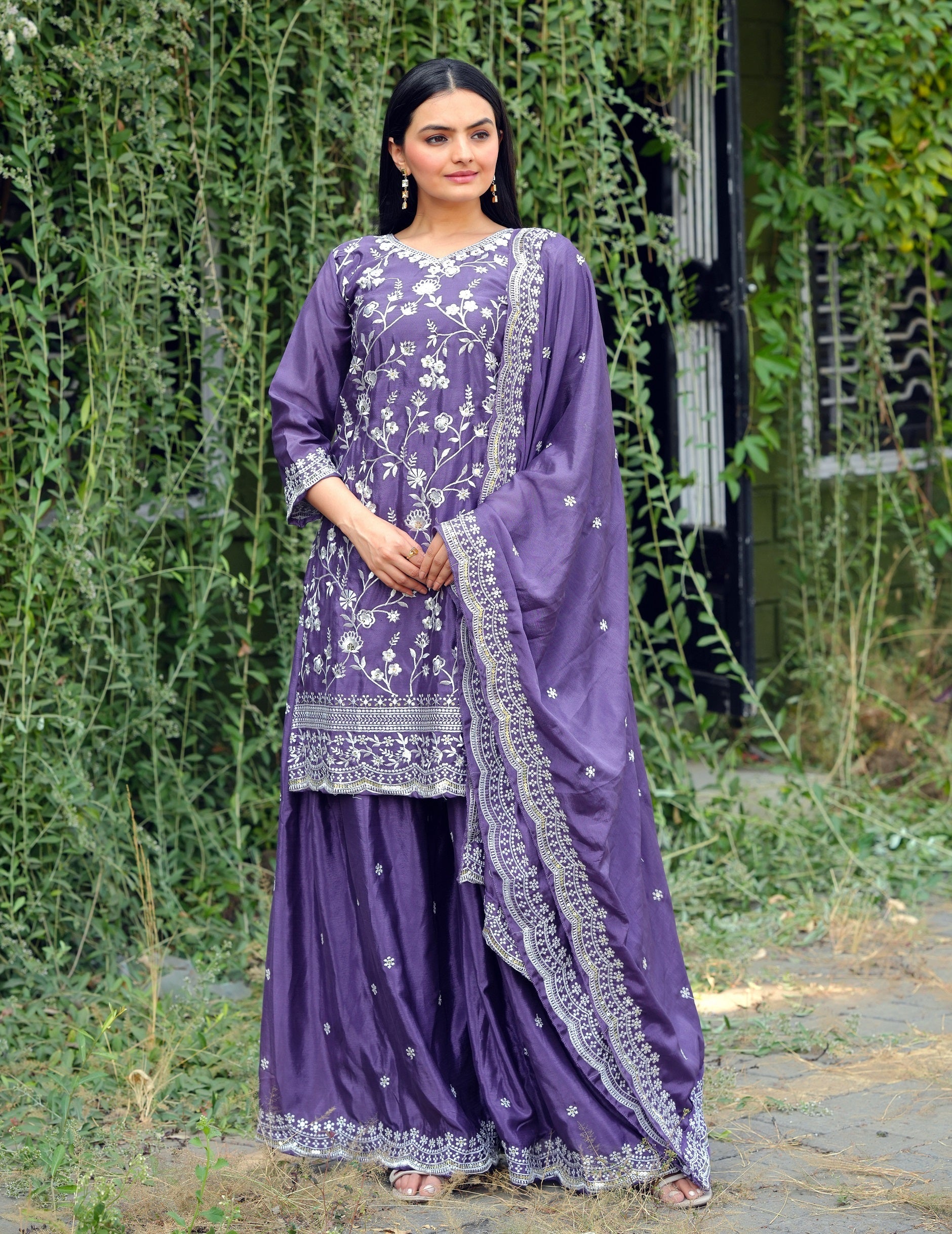 Lehenga Mart Designer Chinon Sharara Suit With Sequence Embroidered Work - Blue