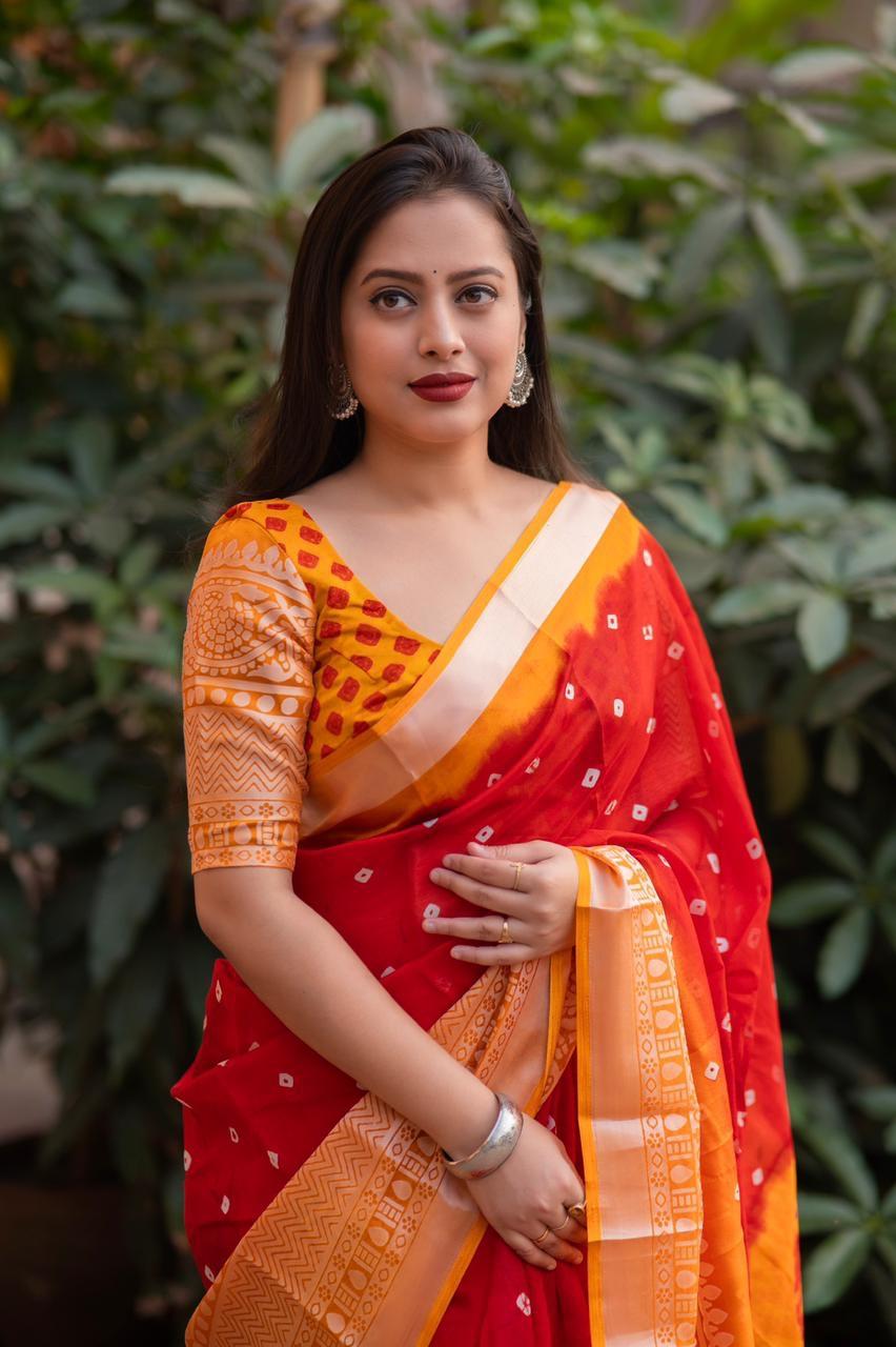Red Jute Silk Ethnic Motifs Saree with Unstitched Blouse - Hiral Fashion
