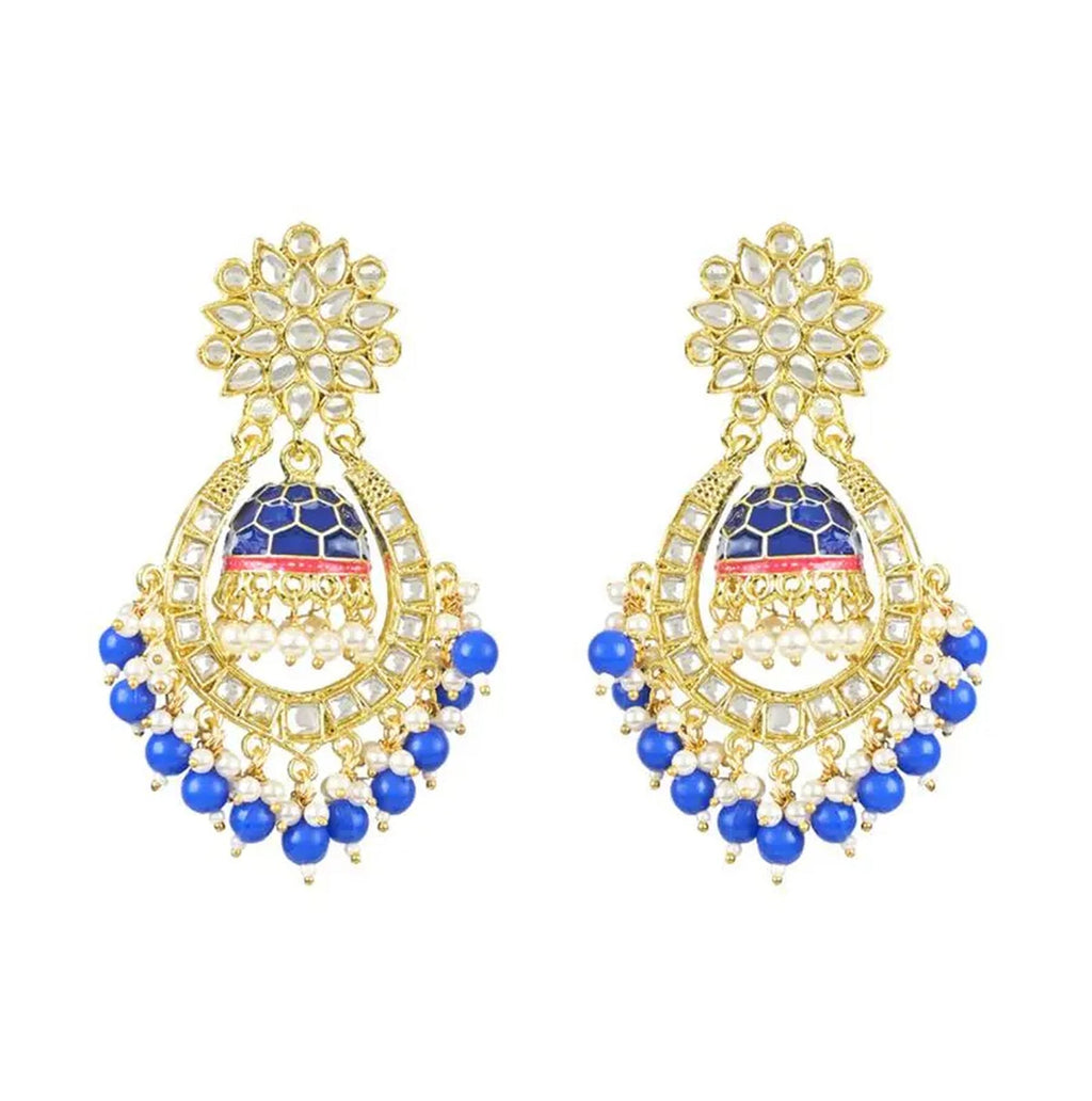 Jewel City Royal Blue and Gold-Plated Kundan Chandbali Earrings – Traditional Indian Jhumka Earrings with Pearls