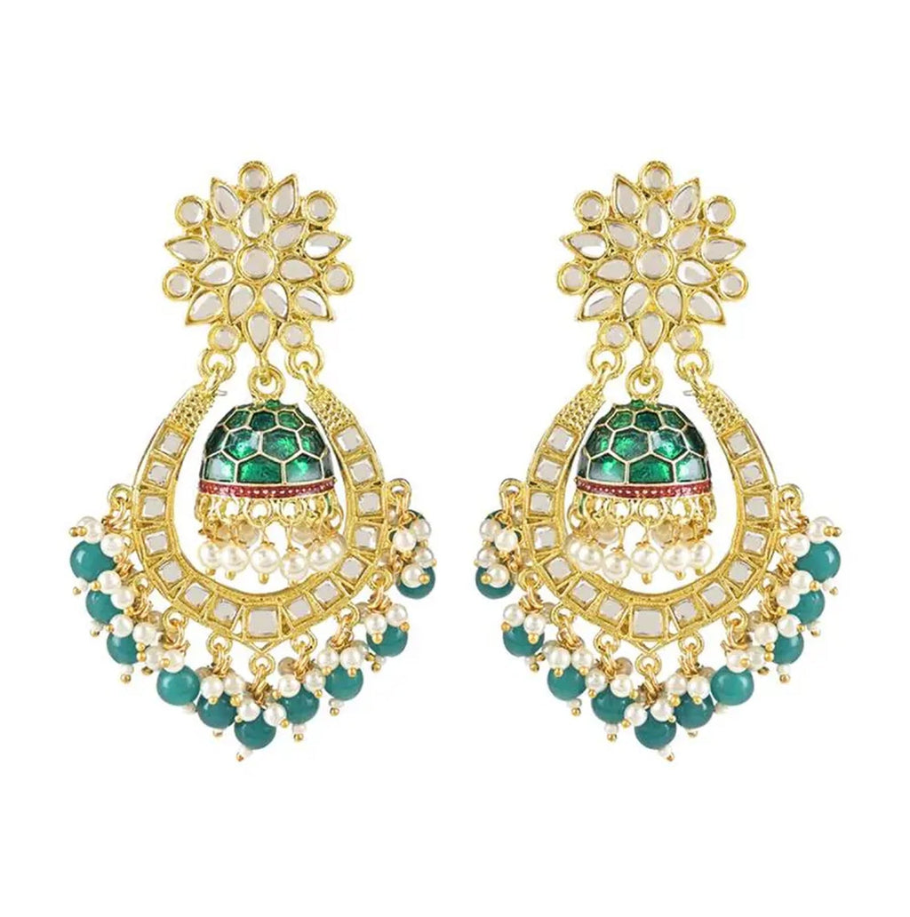 Jewel City Green and Gold-Plated Kundan Chandbali Earrings – Traditional Indian Jhumka Earrings with Pearls