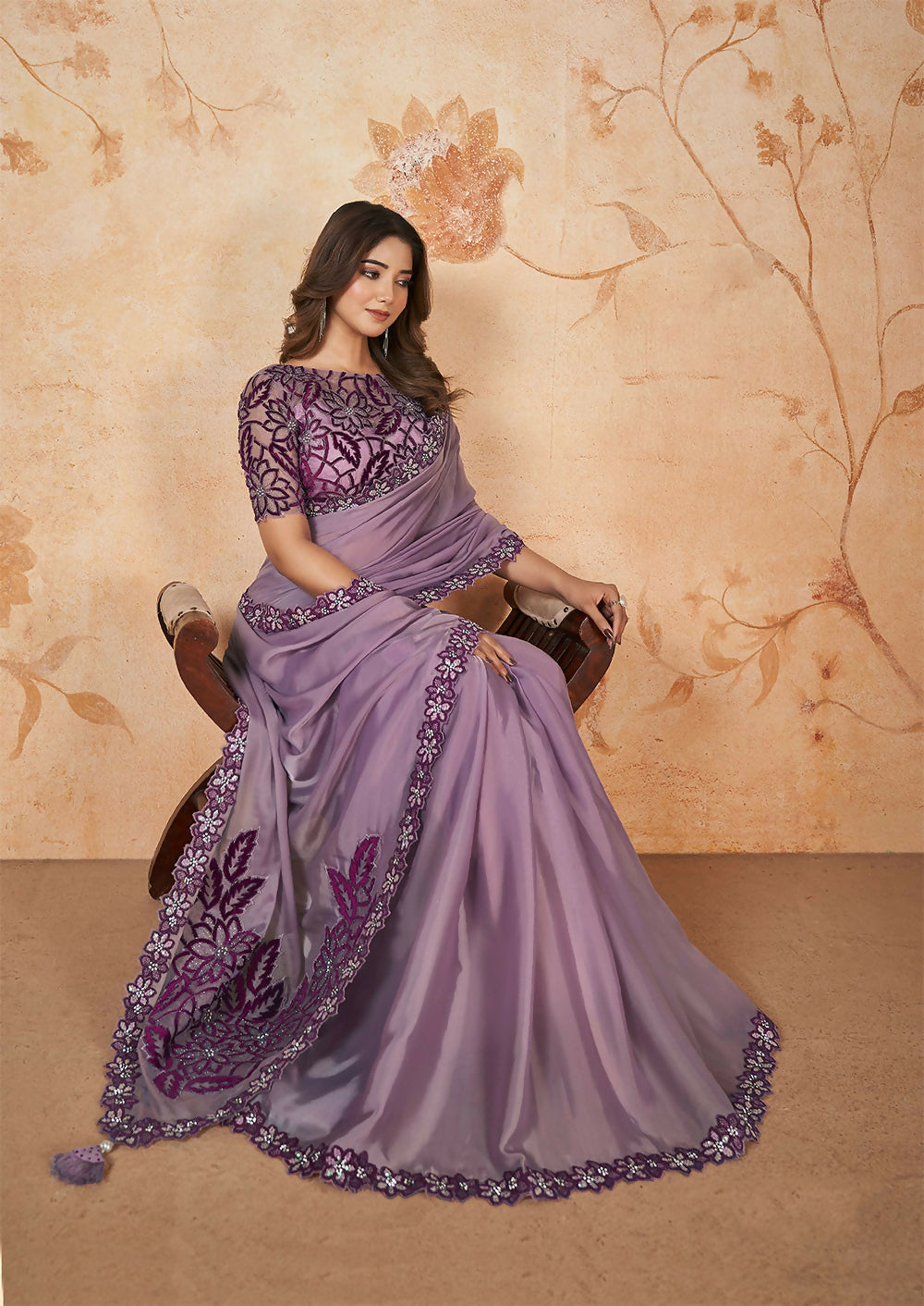 Purple Crepe Satin Silk Sequence & Cord Embroidered with Stone Work Saree - Mohmanthan Dakshika