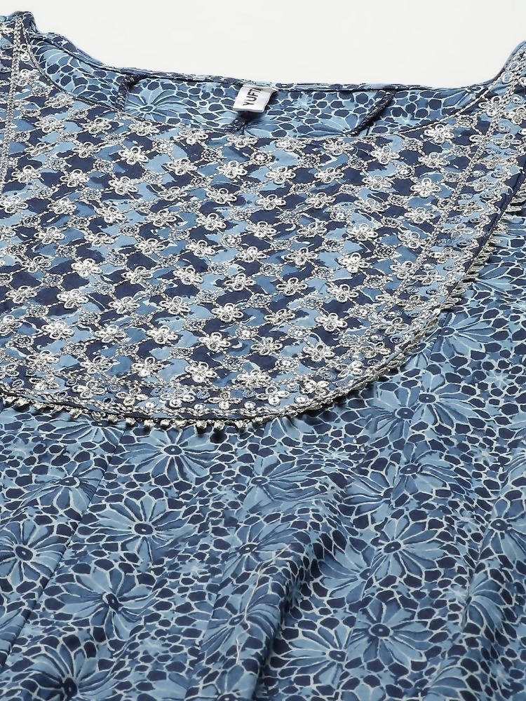 Yufta Women Blue Floral Yoke Design Angrakha Pure Cotton Kurta with Trouser With Dupatta