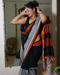 Exclusive Collection Beautiful black Gray Pure Cotton Woven Handloom Saree With Running Blouse Piece