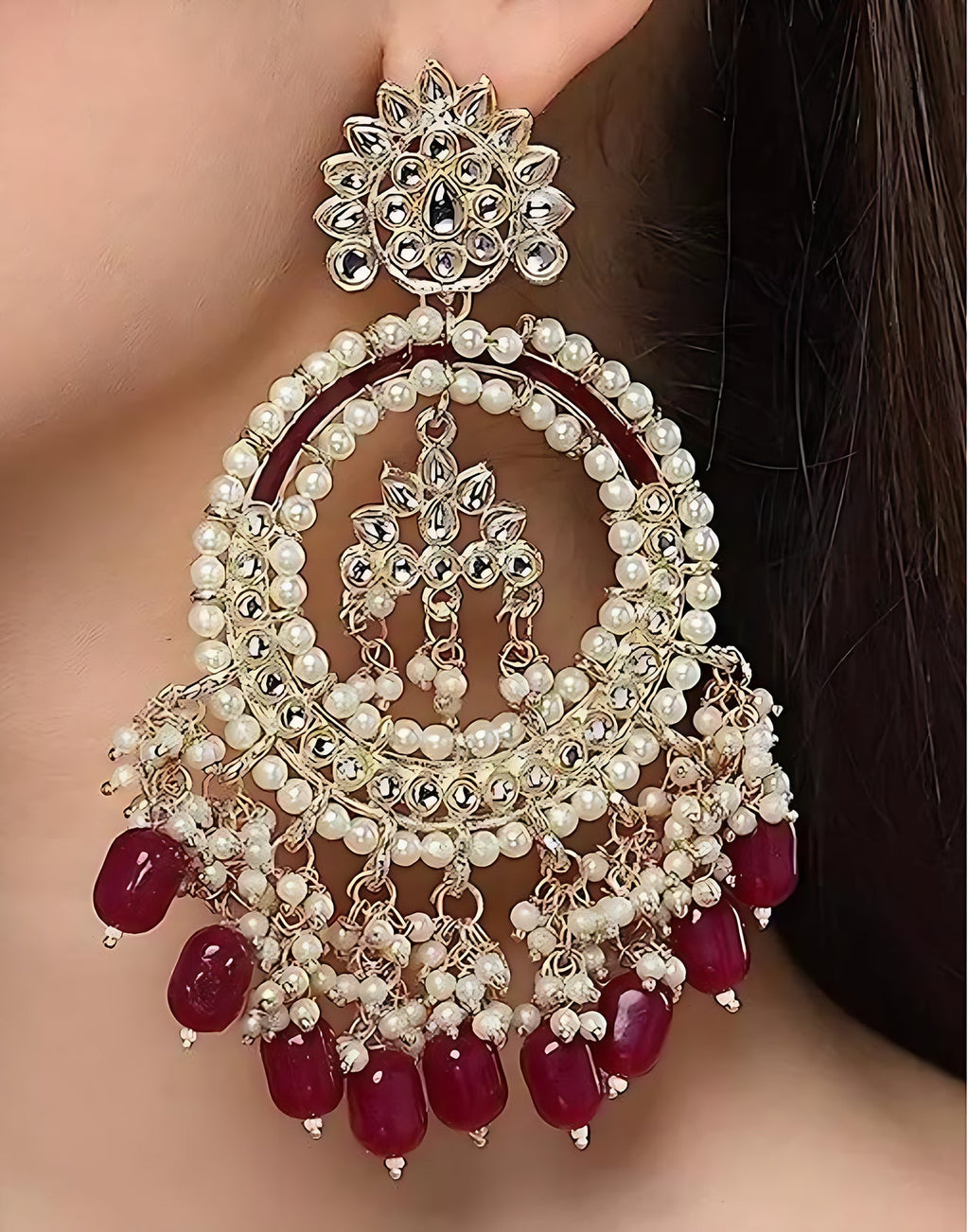 Jewel City Luxury Kundan Pearl Chandbali Earrings with Ruby Drops Traditional Wedding Statement Earrings