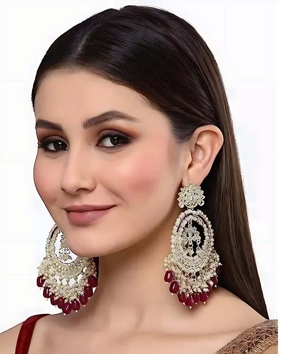 Jewel City Luxury Kundan Pearl Chandbali Earrings with Ruby Drops Traditional Wedding Statement Earrings