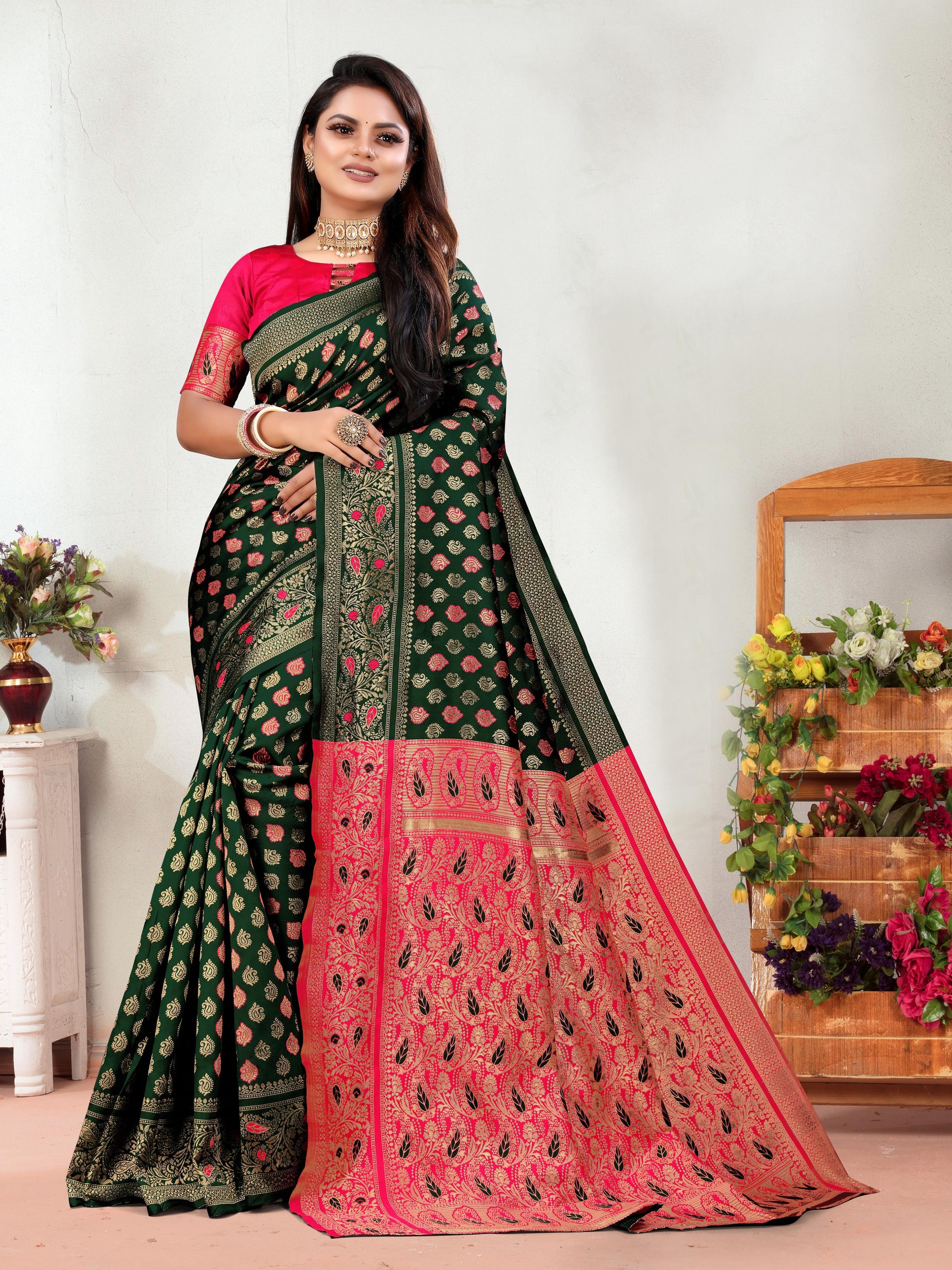 Vedant Vastram Litchi Silk Designer Banarasi Saree - Green