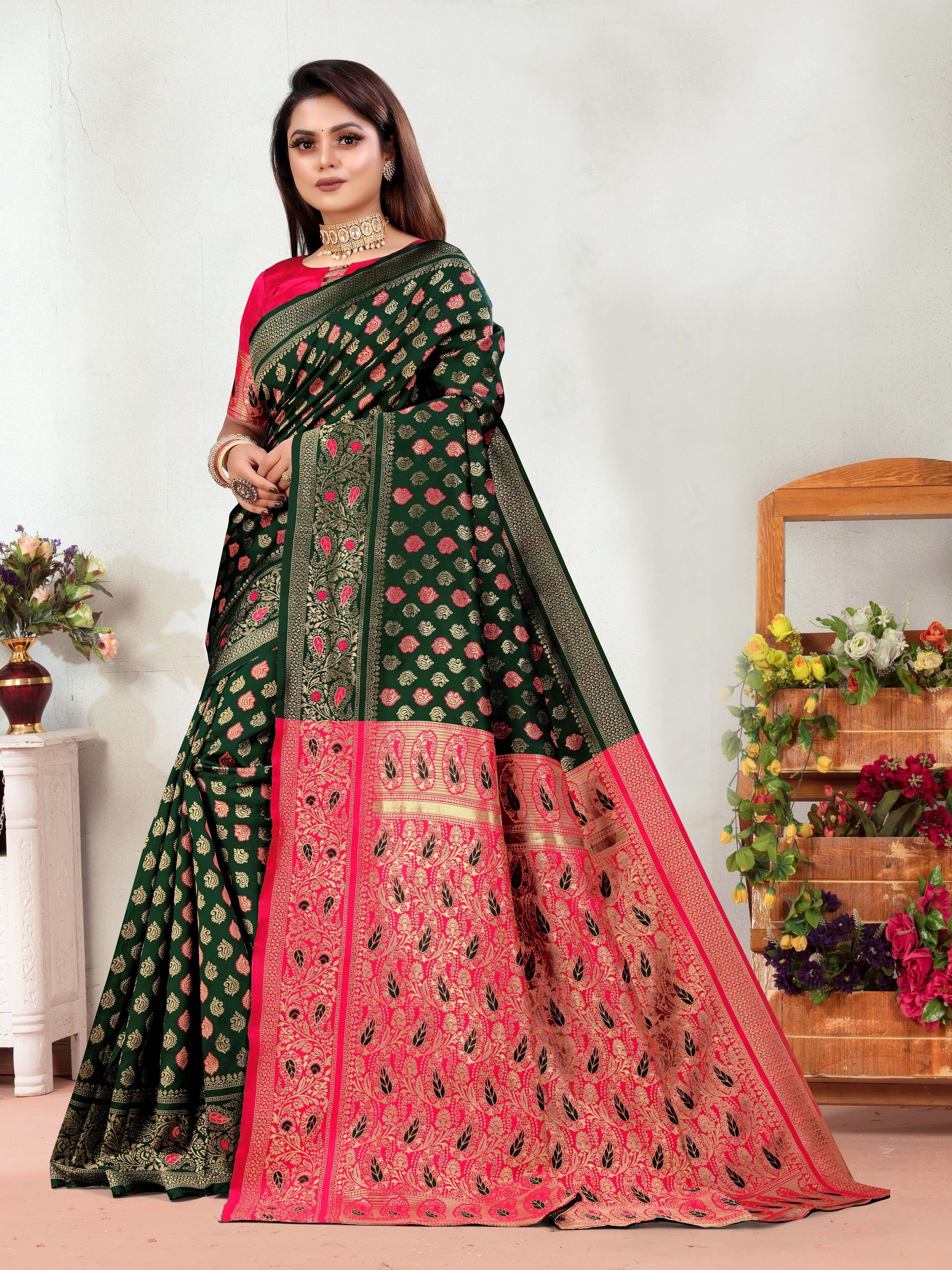 Vedant Vastram Litchi Silk Designer Banarasi Saree - Green