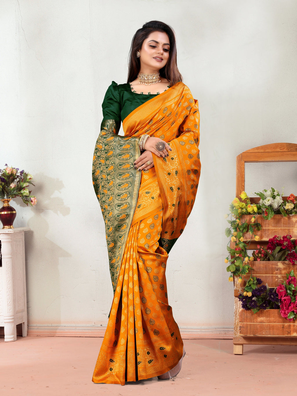 Vedant Vastram Litchi Silk Designer Banarasi Saree - Mustard