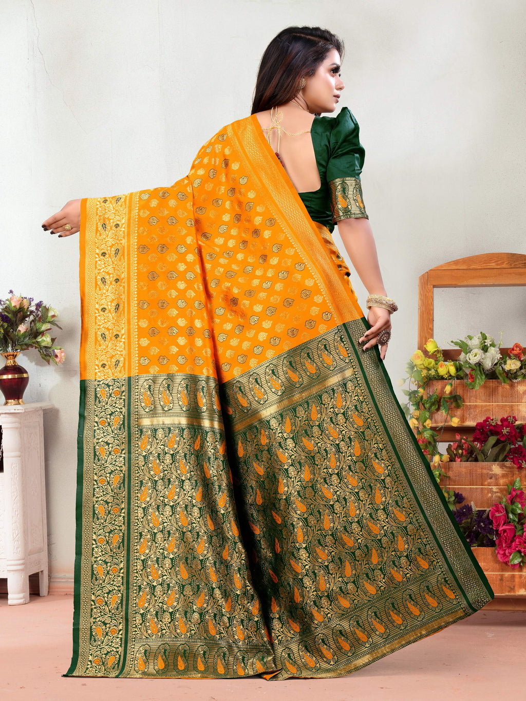 Vedant Vastram Litchi Silk Designer Banarasi Saree - Mustard
