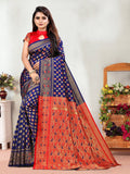 Vedant Vastram Litchi Silk Designer Banarasi Saree - Navy