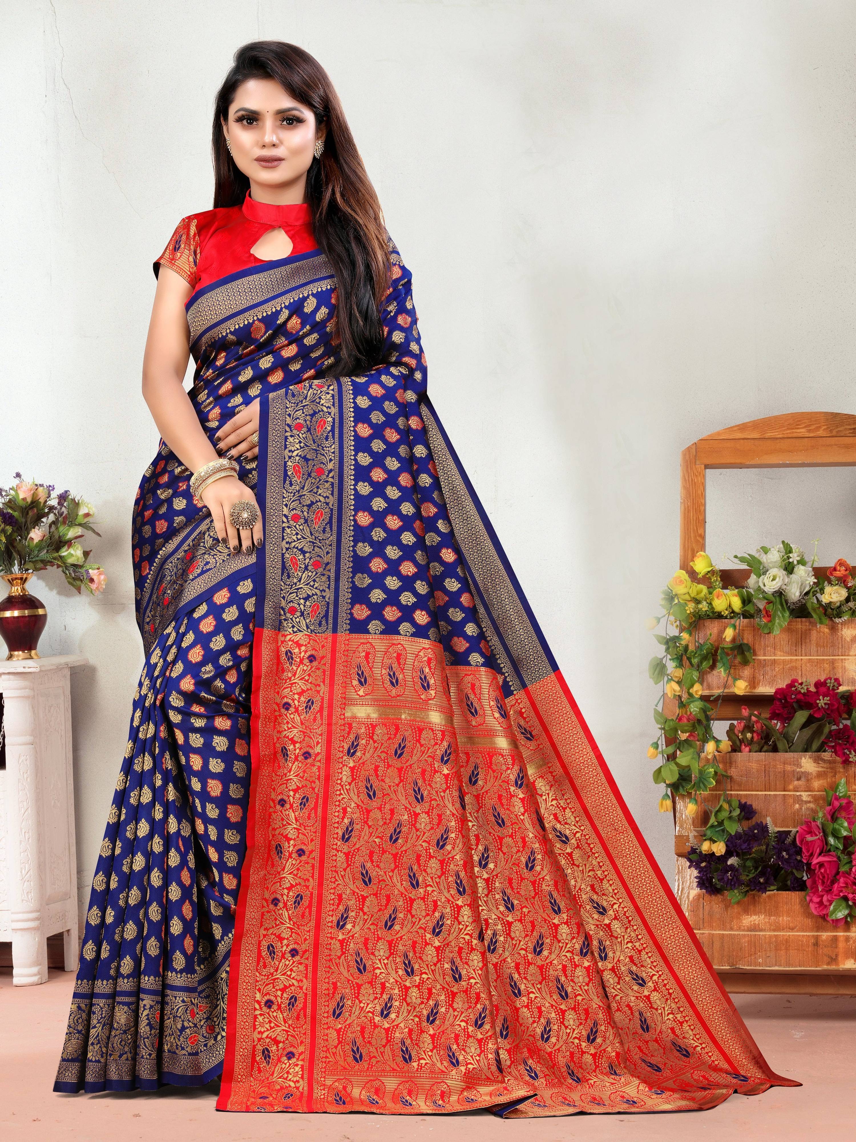 Vedant Vastram Litchi Silk Designer Banarasi Saree - Navy