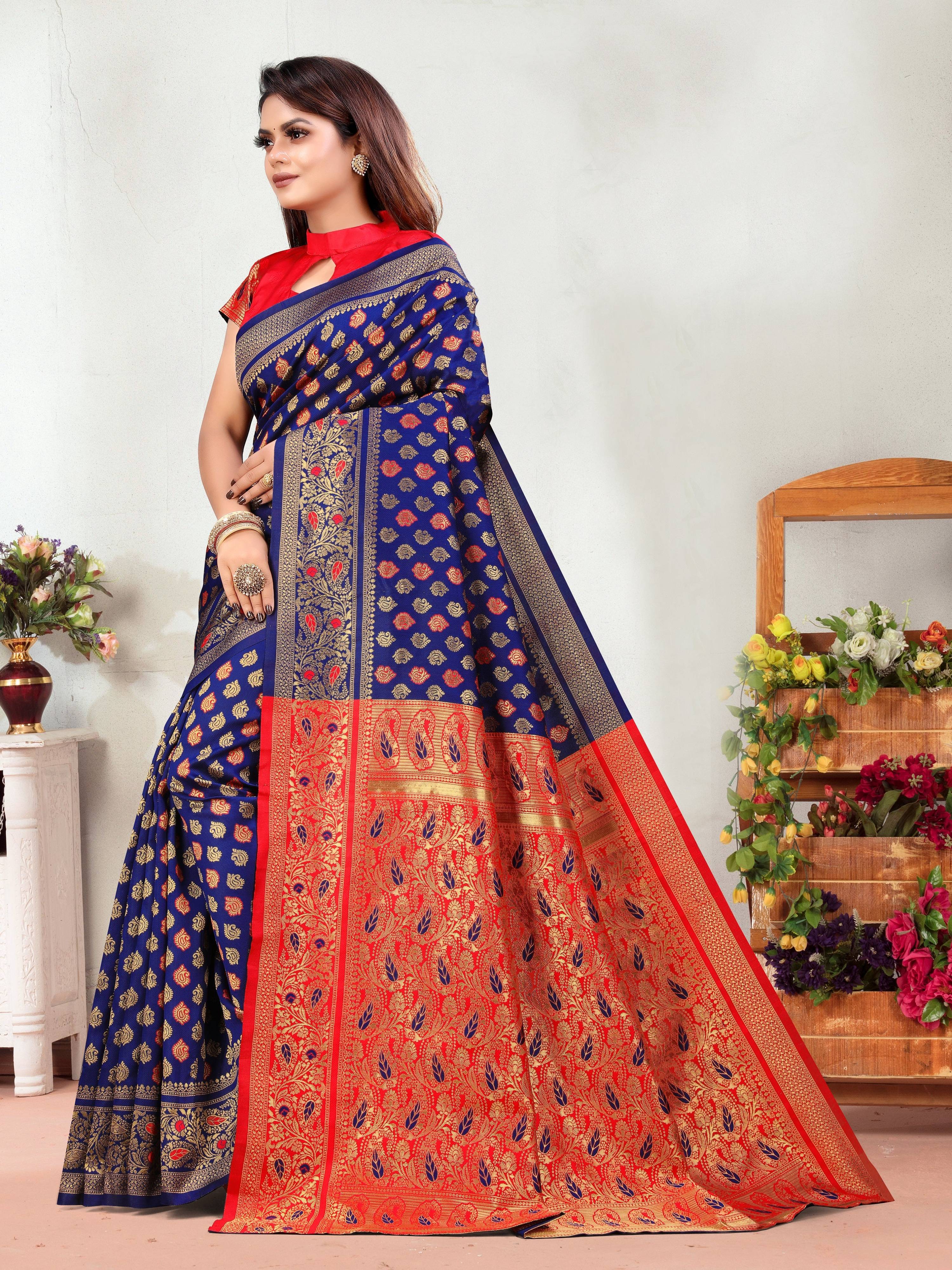 Vedant Vastram Litchi Silk Designer Banarasi Saree - Navy