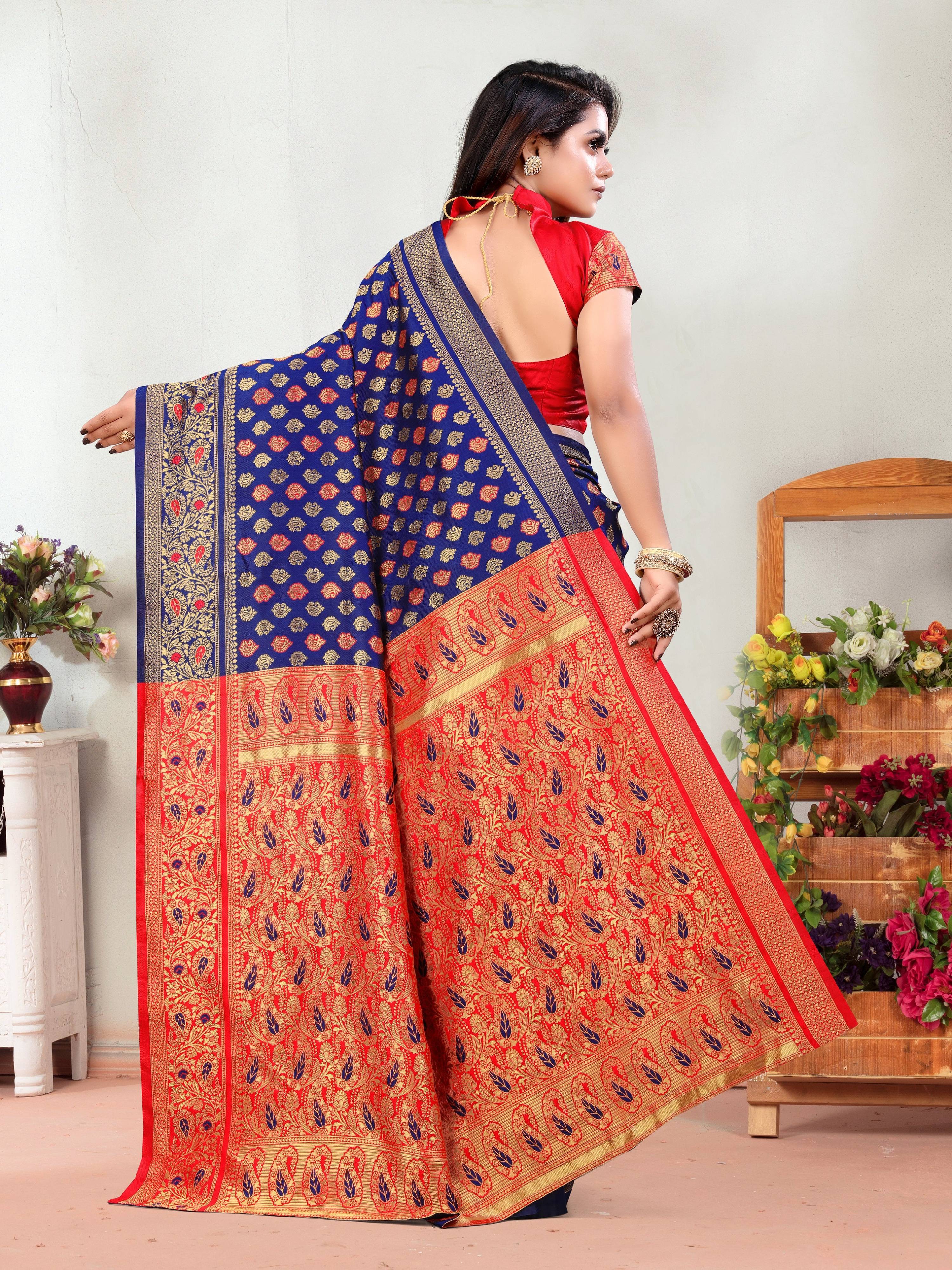 Vedant Vastram Litchi Silk Designer Banarasi Saree - Navy